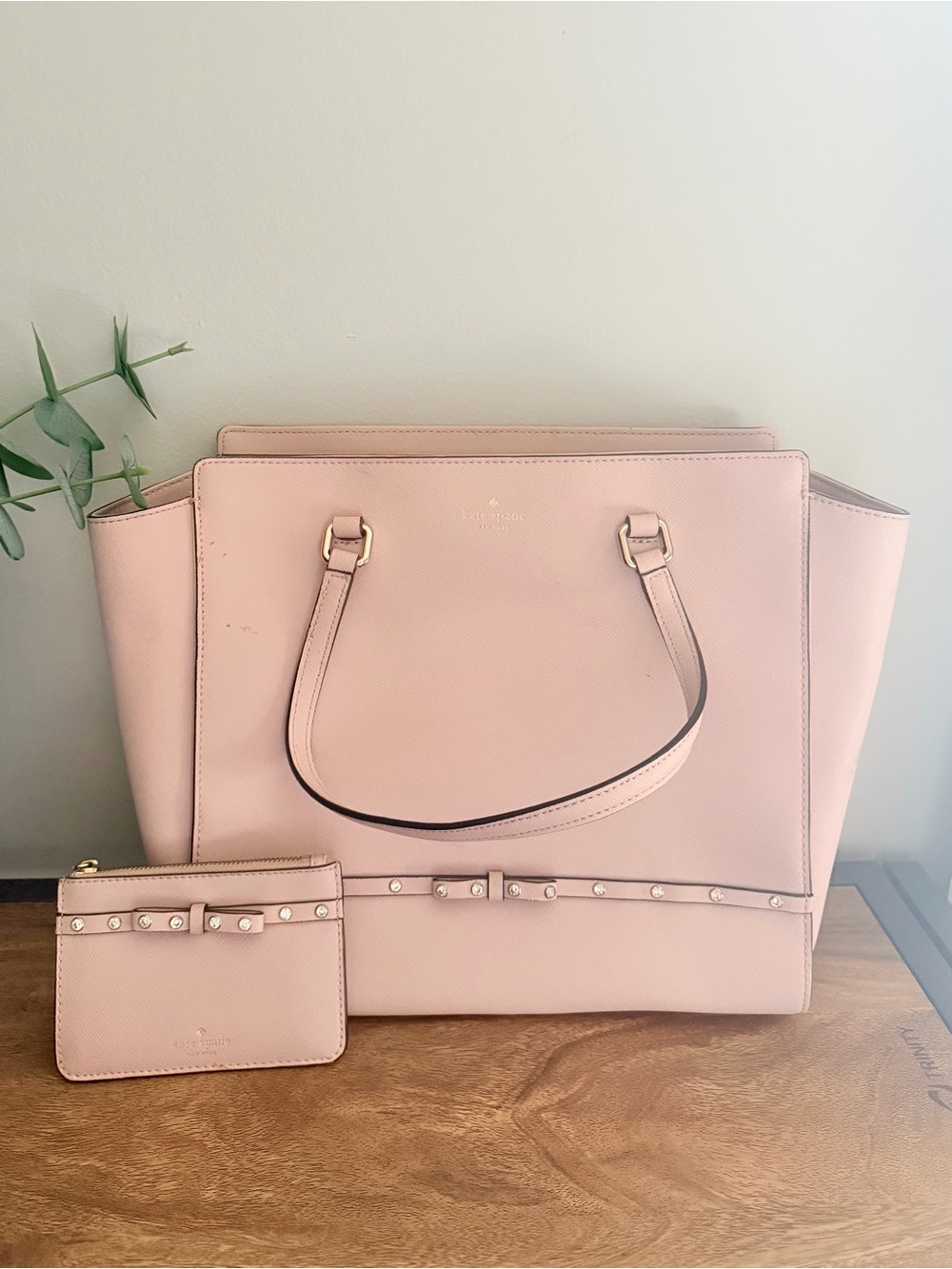 Pink Kate Spade Laurel Way Bow Jeweled Satchel with Matching Card Case